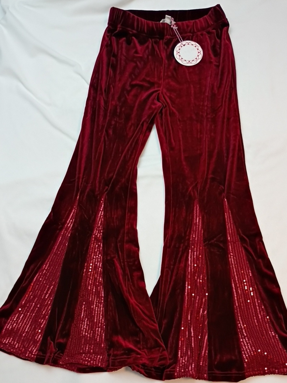 Umgee Women's Velvet Boho Red Flared Bell Bottoms Sequin-Trim Pants